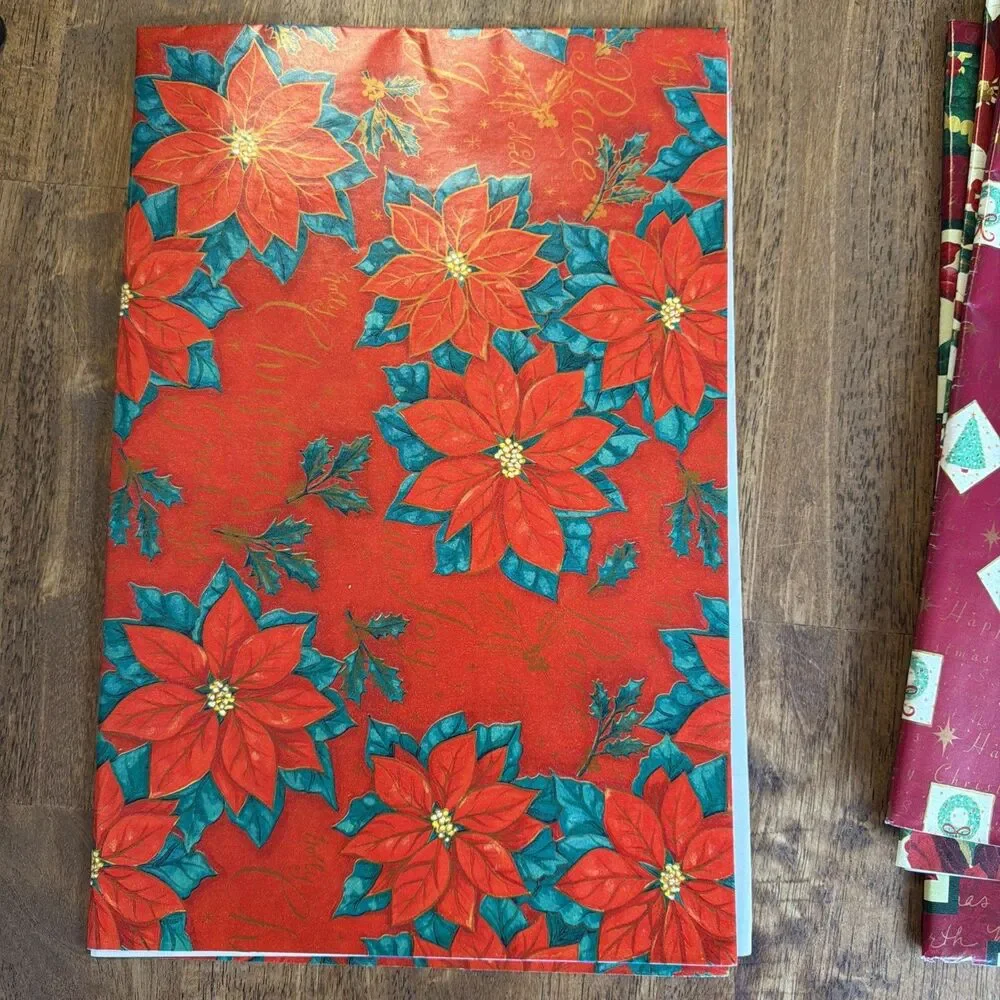 Lot of 5 Sheets Christmas Wrapping Paper Poinsettia Wreath Holiday Gift Wrap